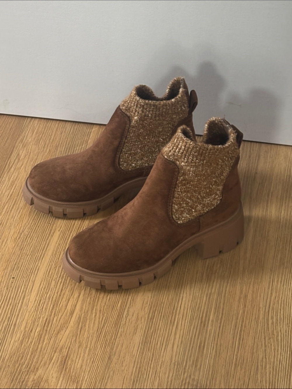 Soda Brown Suede Chelsea Booties with Knit Ankle